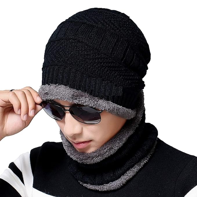 Snow Proof Winter Cap Inside Fur Wool Unisex Beanie Cap with Neck Warmer Set Knit Hat Thick Fleece Lined Winter Hat for Men & Women