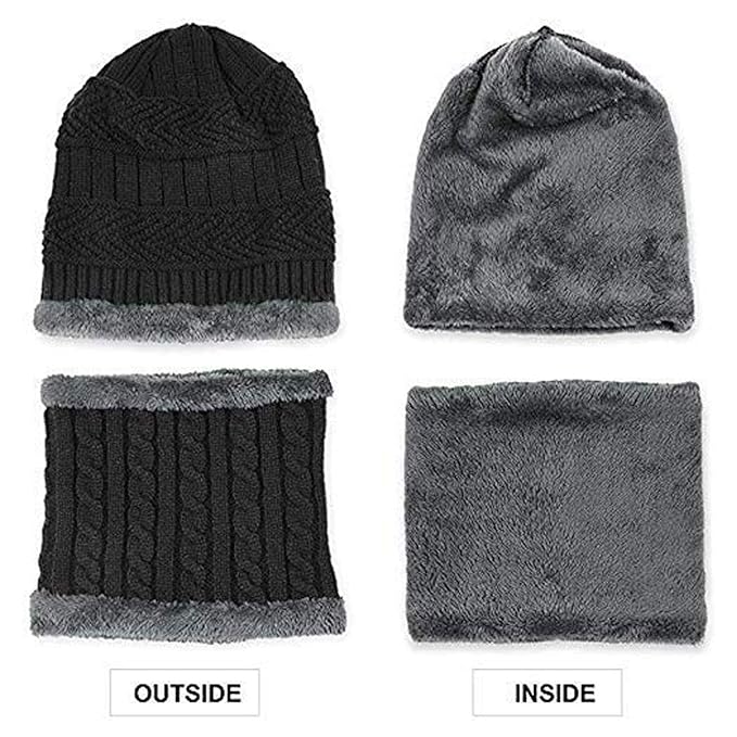 Snow Proof Winter Cap Inside Fur Wool Unisex Beanie Cap with Neck Warmer Set Knit Hat Thick Fleece Lined Winter Hat for Men & Women