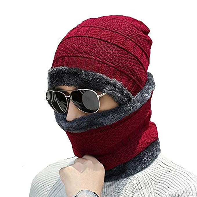 Snow Proof Winter Cap Inside Fur Wool Unisex Beanie Cap with Neck Warmer Set Knit Hat Thick Fleece Lined Winter Hat for Men & Women