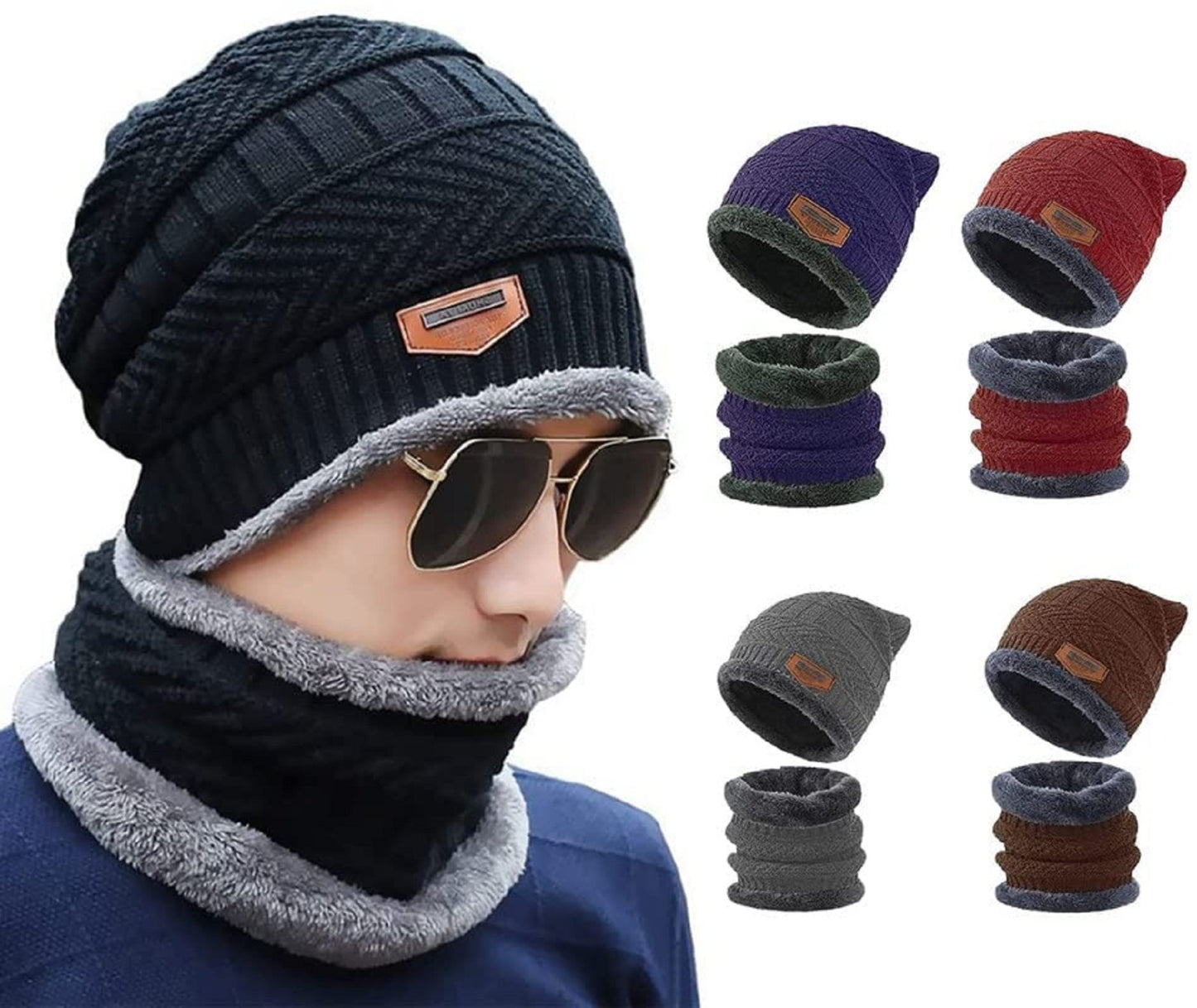 Snow Proof Winter Cap Inside Fur Wool Unisex Beanie Cap with Neck Warmer Set Knit Hat Thick Fleece Lined Winter Hat for Men & Women